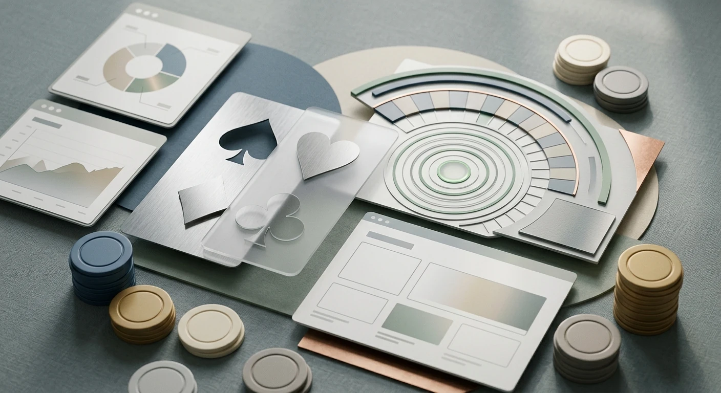 Abstracte redactionele casino-illustratie met kaarten, fiches en roulettevormen zonder merklogo
