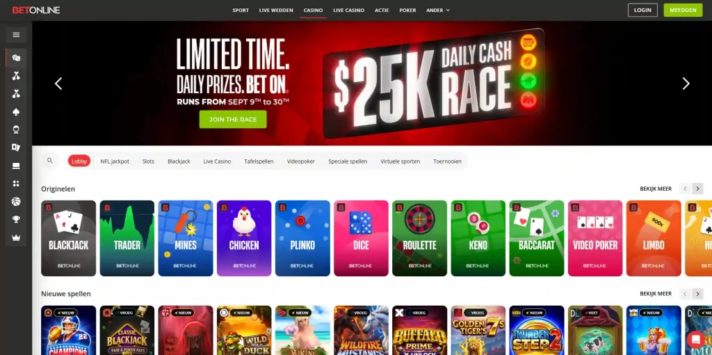 Actuele BetOnline casino-lobby met categorieën voor slots, tafelspellen en live casino