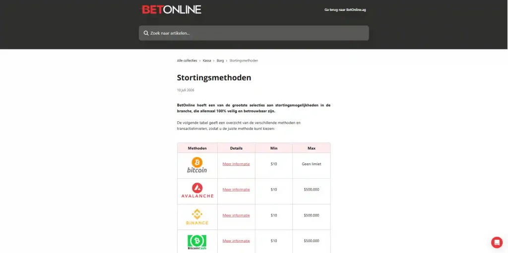Actuele officiële BetOnline Deposit Methods-pagina met beschikbare stortingsopties en locatie-afhankelijke limieten