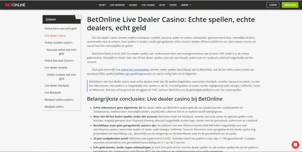 Actuele officiële BetOnline live-dealerinterface met videostream, tafel en inzetbediening