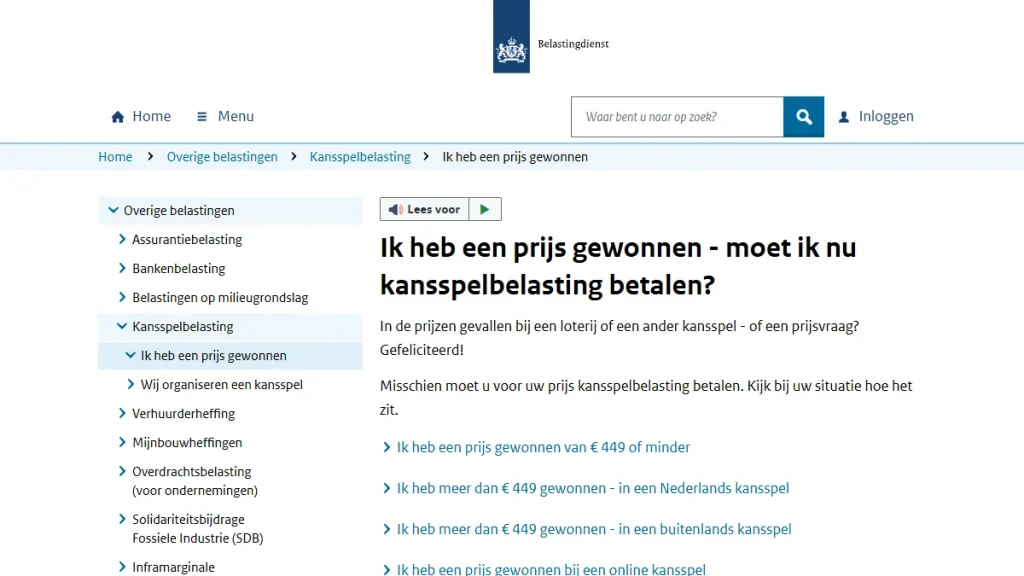 Belastingdienst-pagina over kansspelbelasting bij online kansspelen zonder Nederlandse vergunning