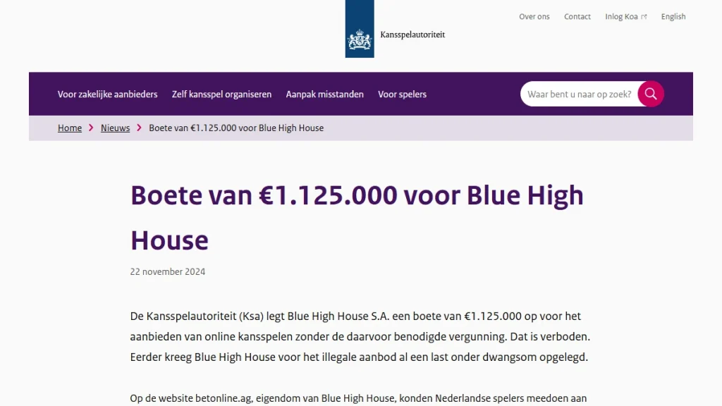 Ksa-handhavingspagina over Blue High House S.A. en BetOnline