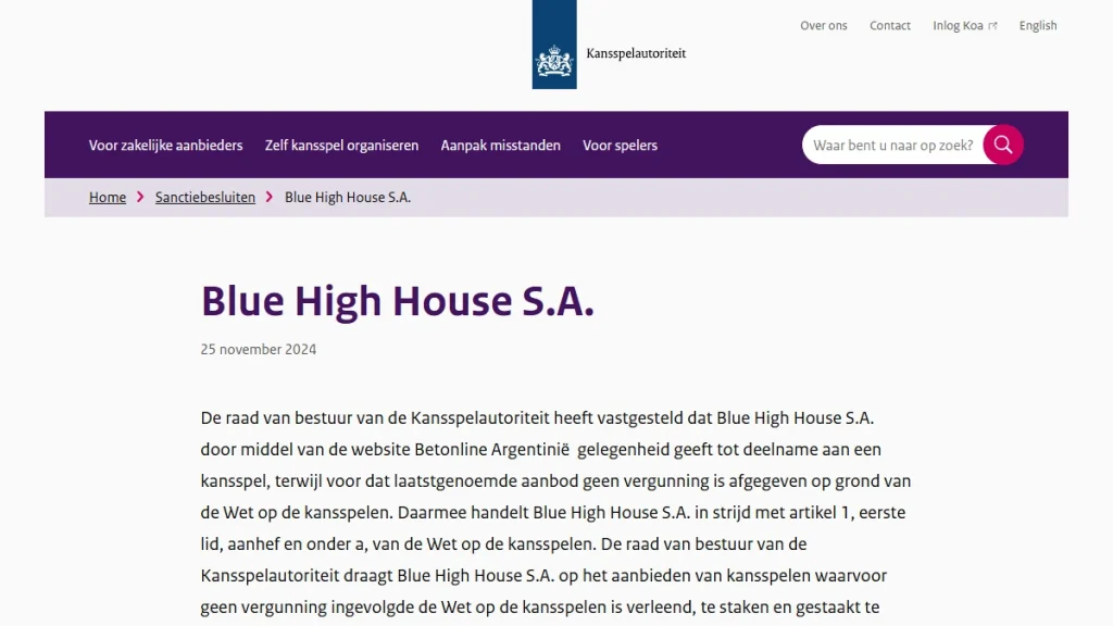 Ksa-record over Blue High House S.A. met handhavingsbesluiten