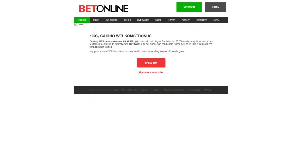 Officiële BetOnline Casino Welcome Bonus-pagina met 100 procent match en kernvoorwaarden