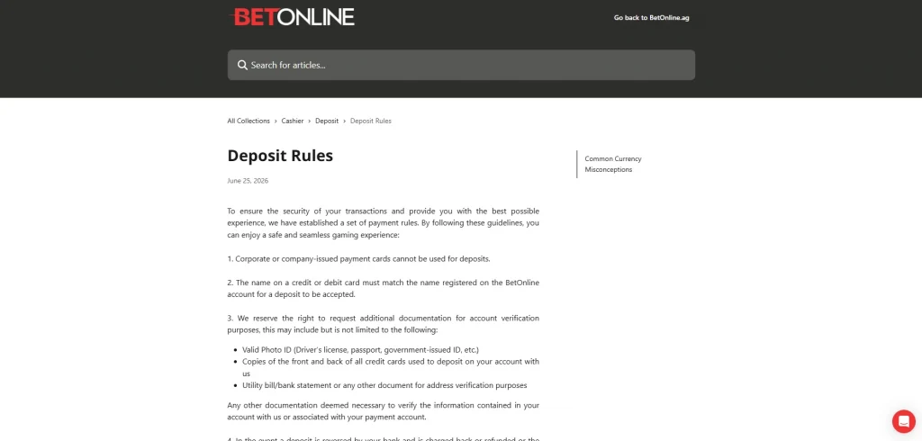 Officiële BetOnline Deposit Rules met de genoemde categorieën voor identiteitsbewijs, betaalkaartkopieën en adresbewijs