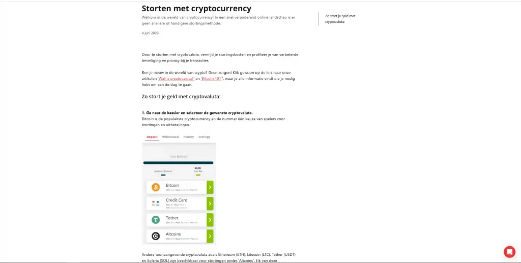 Officiële BetOnline gids voor een cryptocurrency storting met coinselectie, walletadres en netwerkcontrole